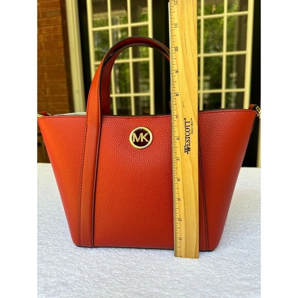 Michael Kors Bright Terracotta Hadleigh Small Double Handle Tote Messenger Bag - Picture 12 of 15